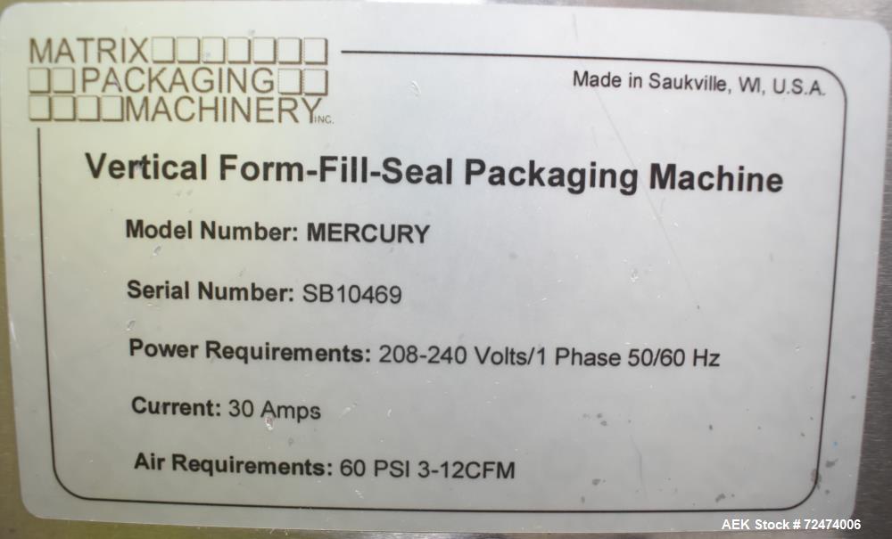 Utilizado- Matrix Packaging Mercury HS Máquina vertical, de formación, llenado y sellado de alta velocidad. Capaz de velocid...